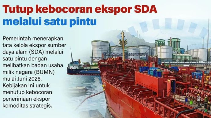 Pemerintah menerapkan tata kelola ekspor sumber daya alam (SDA) melalui satu pintu dengan melibatkan badan usaha milik negara (BUMN) mulai Juni 2026. Kebijakan ini untuk menutup kebocoran penerimaan ekspor komoditas strategis.