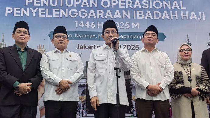 Menteri Agama Nasaruddin Umar saat konferensi pers penutupan operasional haji Indonesia 1446 Hijriah/2025 Masehi di Gedung Kemenag, Jakarta, Senin, 14 Juli 2025.