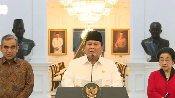 Pesiden Prabowo Subianto  memberikan keterangan pers di Istana Merdeka, Jakarta, Minggu, 31 Agustus 2025.