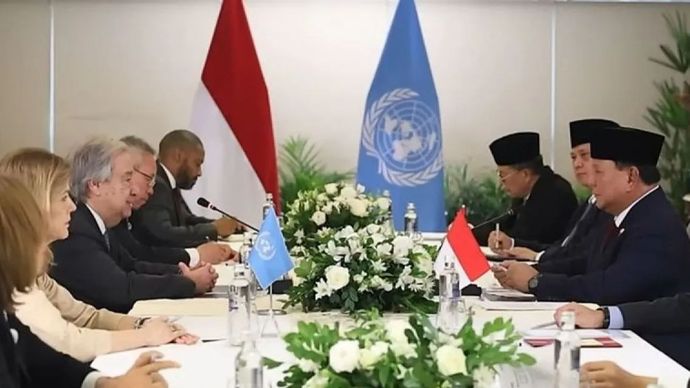 Tangkapan layar - Presiden RI Prabowo Subianto saat berdiskusi dengan Sekjen PBB Ant&Atilde;&sup3;nio Guterres, di Rio de Janeiro, Brasil, Minggu 17 November 2024.