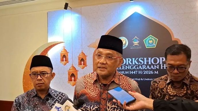 Kepala Badan Penyelenggara Haji (BP Haji) Mochammad Irfan Yusuf dalam konferensi pers Workshop Penyelenggaraan Haji di Jakarta, Selasa, 5 Agustus 2025.