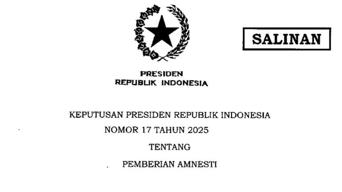 Salinan Keputusan Presiden (Keppres) Republik Indonesia Nomor 17 Tahun 2025 tentang Pemberian Amnesti. Senin, 4 Agustus 2025.
