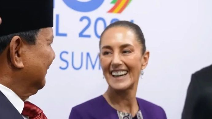 Tangkapan layar Presiden Meksiko Claudia Sheinbaum Pardo tersenyum lebar saat mendengar Presiden Prabowo menyerukan &ldquo;Viva Zapata!&rdquo;, di sela pertemuan negara-negara MIKTA di Brasil, Senin 18 November 2024 pada waktu setempat