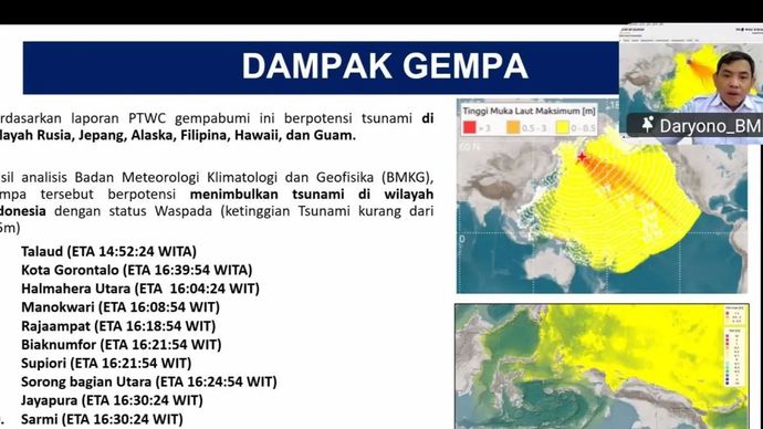 Tangkapan layar - Direktur Gempa Bumi dan Tsunami BMKG Daryono menjelaskan perkembangan peringatan dini tsunami wilayah Indonesia pascagempa bumi Rusia, dalam konferensi pers yang disiarkan daring di Jakarta, Rabu, 30 Juli 2025.