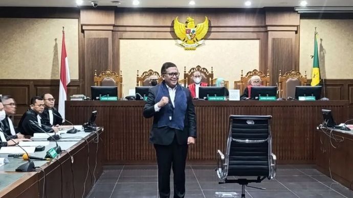 Sekjen PDI Perjuangan Hasto Kristiyanto di sidang di Pengadilan Tipikor Jakarta, Jumat, 14 Maret 2025.