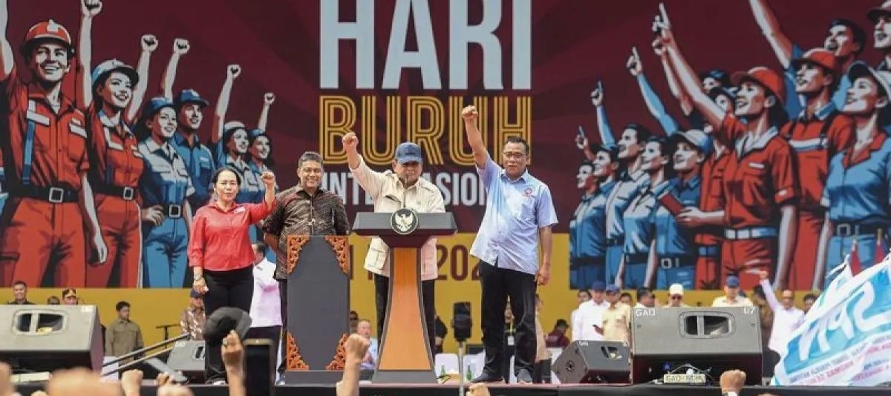 Prabowo di  perayaan Hari Buruh Internasional 2025 di kawasan Monas, Jakarta.