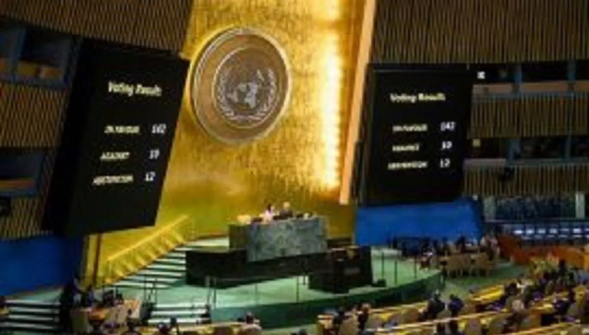 Hasil pemungutan suara Sidang Umum di markas besar PBB di New York, Amerika Serikat, Jumat, 12 September 2025. Sidang Umum PBB (UNGA) pada hari Jumat mengadopsi rancangan resolusi yang mendukung Deklarasi New York tentang Penyelesaian Damai Pertanyaa <b>(ANTARA)</b>