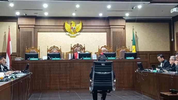 Sekjen PDI Perjuangan Hasto Kristiyanto di sidang di Pengadilan Tipikor Jakarta, Jumat, 14 Maret 2025.