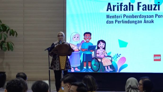 Menteri Pemberdayaan Perempuan dan Perlindungan Anak (PPPA) Arifah Fauzi dalam pembukaan peringatan Hari Anak Sedunia 2025 di Jakarta, Kamis, 20 November 2025.