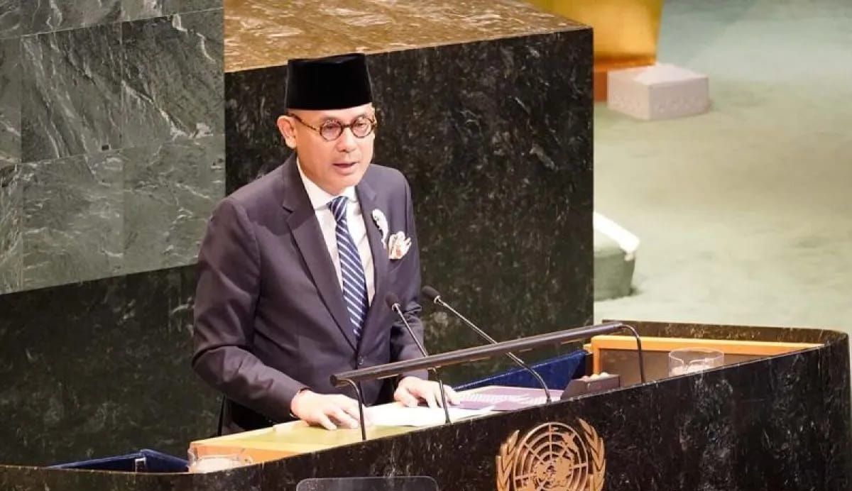 Wakil Menteri Luar Negeri RI Arrmanatha Nasir berbicara dalam Konferensi Tingkat Tinggi Internasional mengenai Implementasi Solusi Dua Negara yang diselenggarakan oleh Prancis dan Arab Saudi di Markas Besar PBB New York, Amerika Serikat Selasa, 29 Ju <b>(Antara)</b>