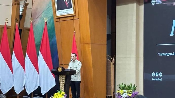 Menteri Kebudayaan Fadli Zon saat memberikan sambutan alam gelaran Ngobrol Film yang digelar di Jakarta, Kamis 18 September 2025. ANTARA/Sinta Ambarwati.