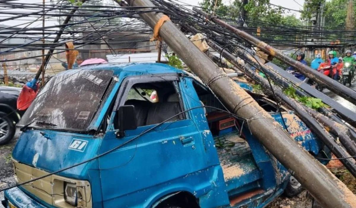 Satu mobil angkutan menjadi objek terdampak akibat satu pohon tumbang di Jalan Margasatwa Raya, Pondok Labu, Cilandak, Jakarta Selatan, Jumat 12 September 2025. ANTARA/Luthfia Miranda Putri. <b>(Antara)</b>