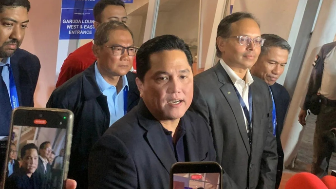 Ketua Umum PSSI Erick Thohir saat ditemui awak media di Stadion Utama Gelora Bung Karno (SUGBK), Jakarta, Senin (30/3/2026), setelah menyaksikan laga final FIFA Series 2026 melawan Bulgaria. Di laga ini, Indonesia kalah 0-1 dari Bulgaria. ANTARA/Zaro Ezza Syachniar.
