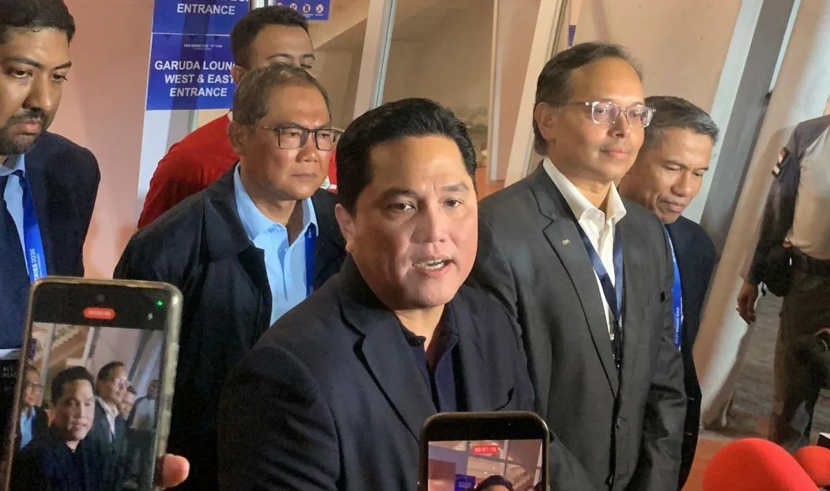 Ketua Umum PSSI Erick Thohir saat ditemui awak media di Stadion Utama Gelora Bung Karno (SUGBK), Jakarta, Senin (30/3/2026), setelah menyaksikan laga final FIFA Series 2026 melawan Bulgaria. Di laga ini, Indonesia kalah 0-1 dari Bulgaria. ANTARA/Zaro <b>(Antara)</b>