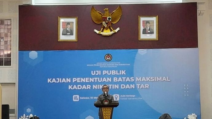 Menko PMK Pratikno dalam diskusi dan penyampaian uji publik tentang batas nikotin dan tar di Jakarta, Selasa, 10 Maret 2026.