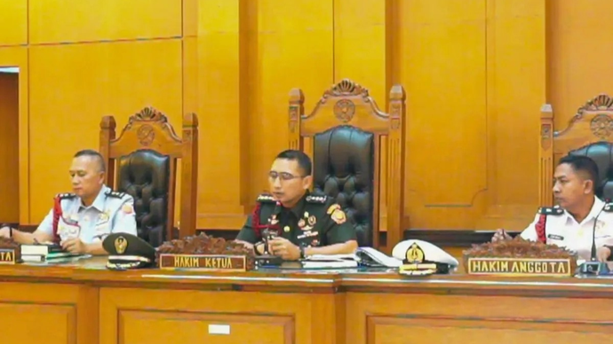 Hakim Ketua Kolonel Corps Hukum (Chk) Fredy Ferdian Isnartanto (tengah) dalam sidang pembacaan surat dakwaan di Pengadilan Militer II-08 Jakarta, Rabu (29/4/2026). (ANTARA/Agatha Olivia Victoria)