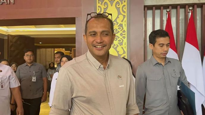 Wakil Menteri Hukum Edward Omar Sharif Hiariej di Kantor Kementerian Hukum, Jakarta, Selasa, 19 Agustus 2025.