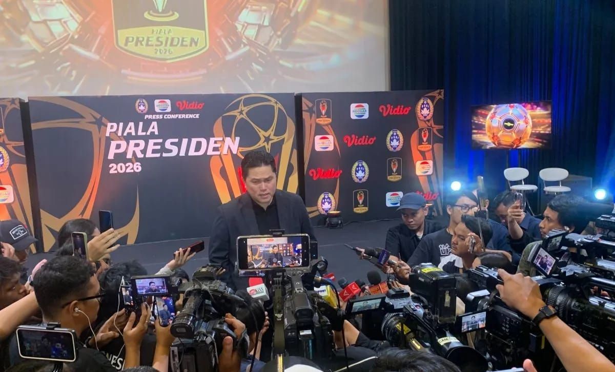 Ketua Umum PSSI Erick Thohir di SCTV Tower, Jakarta Pusat, Senin, 6 Juli 2026, setelah dirinya menghadiri acara jumpa pers Piala Presiden 2026 <b>(Antara)</b>