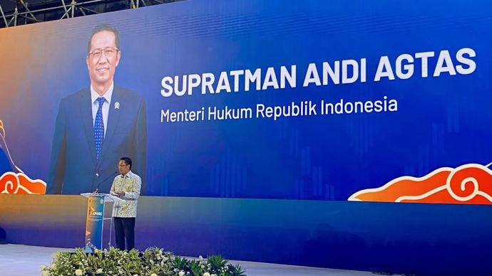 Menteri Hukum Supratman Andi Agtas menyampaikan sambutan dalam acara Intellectual Property (IP) Xpose Indonesia di Jakarta, Rabu 13 Agustus 2025. ANTARA/Fath Putra Mulya.