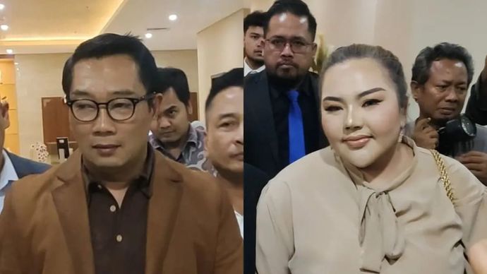 Foto combo - Mantan Gubernur Jawa Barat Ridwan Kamil (kiri) dan Lisa Mariana (kanan) berjalan keluar dari Gedung Bareskrim Polri, Jakarta Selatan, Kamis 7 Agustus 2025. ANTARA/Nadia Putri Rahmani.