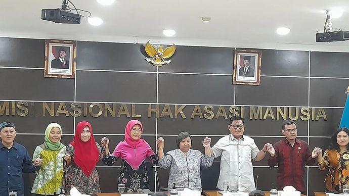 Konferensi pers Lembaga Nasional Hak Asasi Manusia (LMNHAM) terkait penanganan dan perlindungan korban aksi demonstrasi yang berlangsung selama 28-31 Agustus 2025 di Jakarta, Selasa, 2 September 2025.