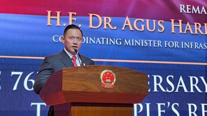 Menteri Koordinator bidang Infrastruktur dan Pengembangan Kewilayahan (Menko IPK) Agus Harimurti Yudhoyono menyampaikan sambutannya dalam peringatan Hari Nasional ke-76 Republik Rakyat China di Jakarta, Rabu malam 24 September 2025. (ANTARA/Nabil Ihs