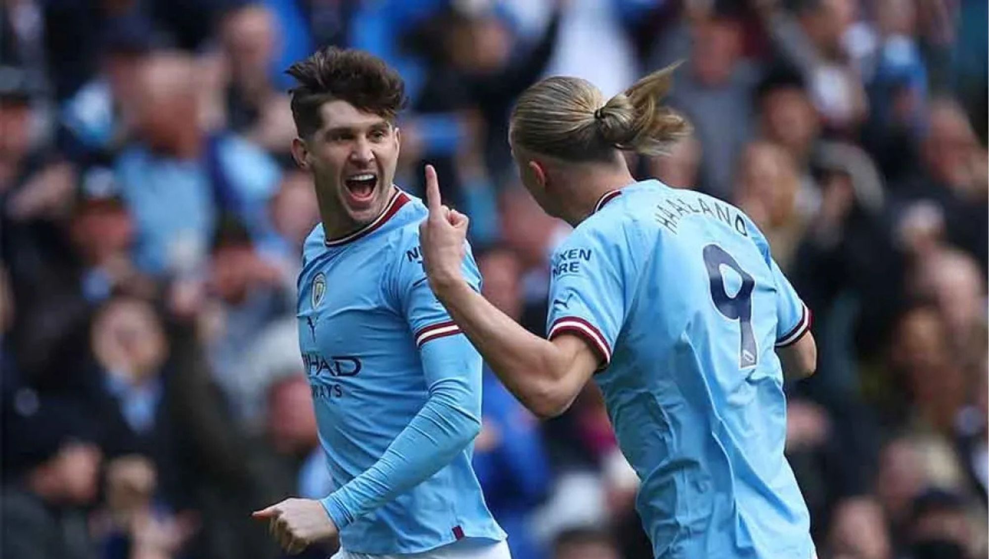 Arsip foto - Pemain Manchester City John Stones merayakan golnya bersama Erling Braut Haaland saat menghadapi Leicester City pada lanjutan Liga Inggris di Etihad Stadium, Manchester, Inggris, Sabtu (15/4/2023). <b>(Antara)</b>