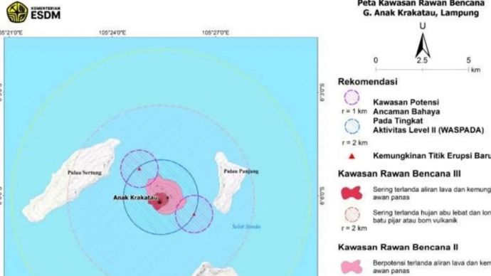 Titik lokasi dua pulau baru dalam peta kawasan rawan bencana Gunung Anak Krakatau di Selat Sunda oleh Badan Geologi Kementerian Energi dan Sumber Daya Mineral (ESDM). 