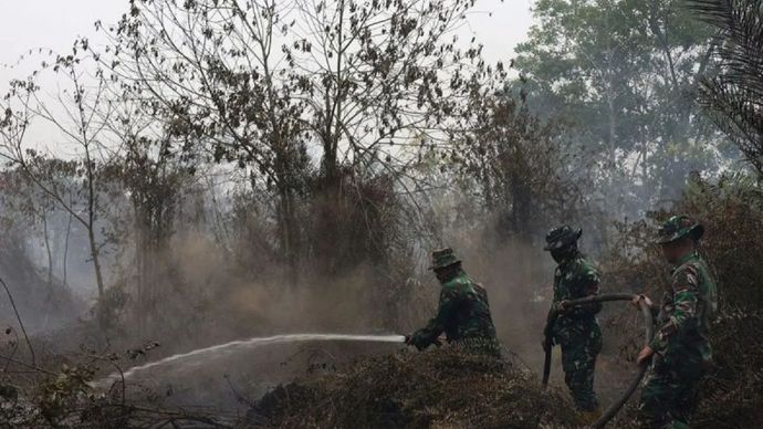 Personel Yonif TP 882/Hulubalang melakukan pembasahan untuk mencegah api kembali menyala di lokasi kebakaran lahan gambut di Desa Arang Limbung, Kecamatan Sungai Raya, Kabupaten Kubu Raya, Kalimantan Barat, Minggu (23/8/2026). BNPB mencatat luas lahan di Kalimantan Barat yang terbakar akibat kebakaran hutan dan lahan sejak Januari hingga Agustus 2026 mencapai 38.310,89 hektare, yang berpotensi menimbulkan bencana asap di sejumlah kabupaten/kota di provinsi setempat