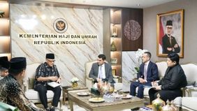Menteri Haji dan Umrah, Mochamad Irfan Yusuf, menerima kunjungan resmi Duta Besar Yordania untuk Indonesia, Sudqi Atallah Al Omoush, di Kantor Kementerian Haji dan Umrah di Jakarta pada Selasa, 6 Oktober 2026.