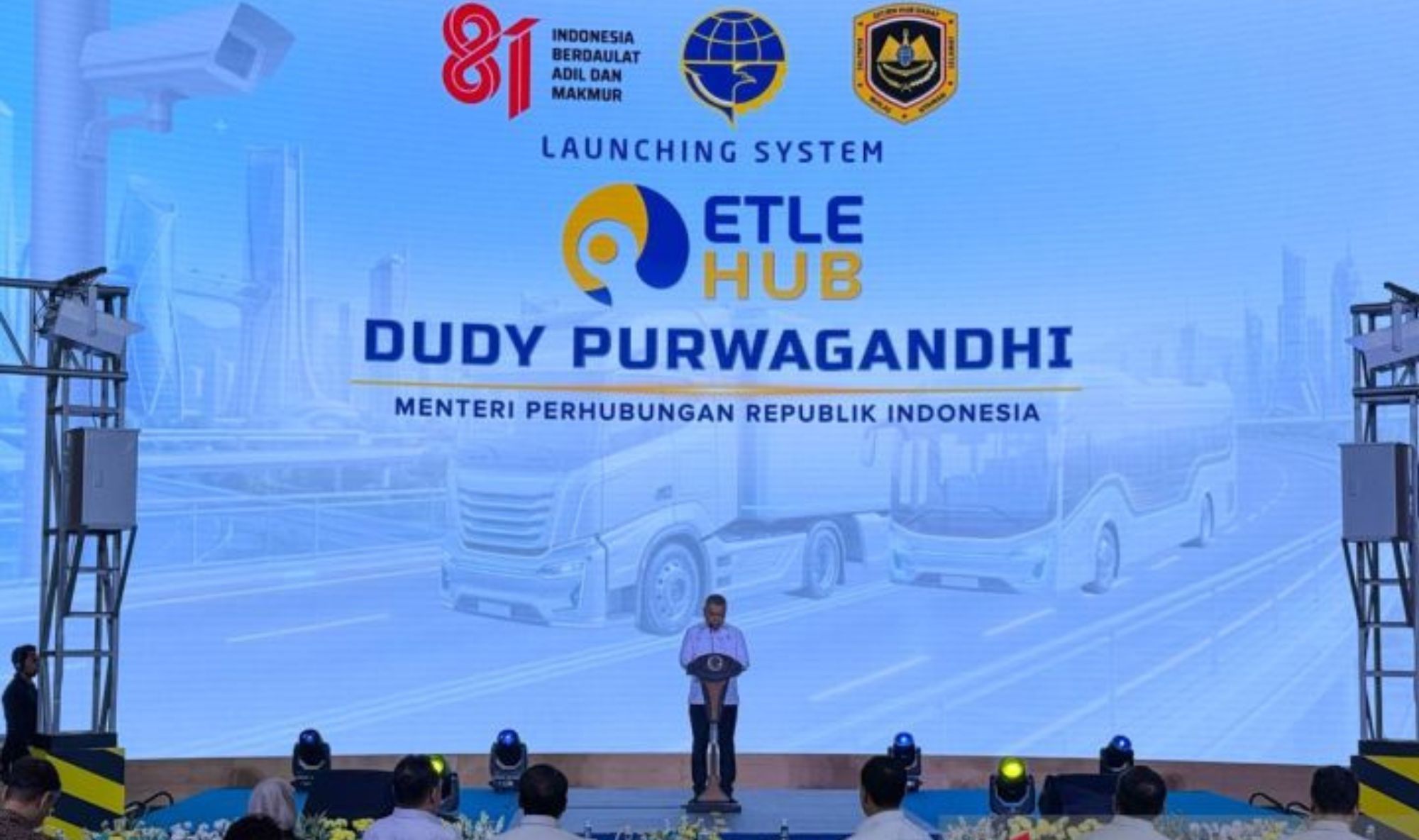 Menteri Perhubungan Dudy Purwagandhi berbicara dalam peluncuran sistem Electronic Traffic Law Enforcement Hub (ETLE Hub) di Jakarta, Senin (10/8/2026) <b>(Antara)</b>