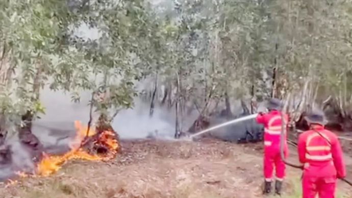 Manggala Agni Daops Kalimantan V/Banjar Kemenhut melakukan pemadaman karhutla di Kabupaten Banjar, Kalsel.