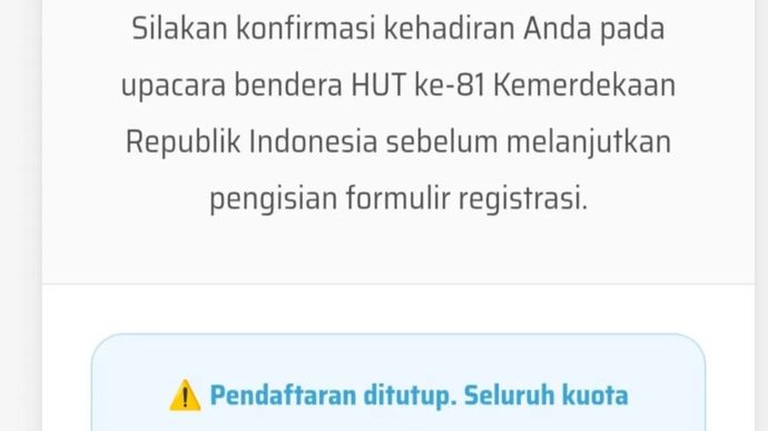 Tangkapan layar - Informasi di laman pandang.istanapresiden.go.id mengenai kuota pendaftaran upacara HUT ke-81 RI di Istana Merdeka, Jakarta pada hari pertama telah penuh