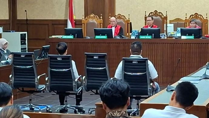 Dua terdakwa kasus korupsi LPEI Handoko Limaho dan Liu Raymond, dalam sidang duplik di Pengadilan Tindak Pidana Korupsi pada Pengadilan Negeri Jakarta Pusat, Senin (7/9/2026).