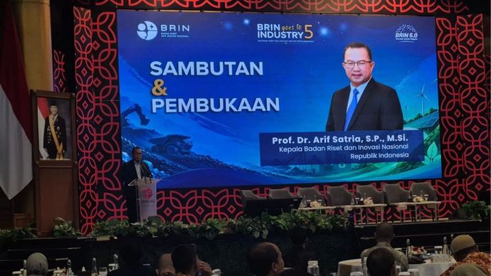 Kepala Badan Riset dan Inovasi Nasional (BRIN) Arif Satria menyampaikan sambutan dalam kegiatan BRIN Goes To Industry 5 (BGTI 5) bertajuk 