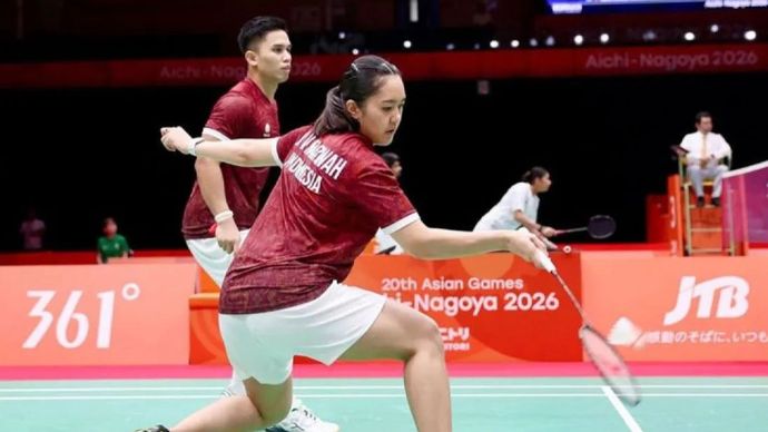 Pebulu tangkis ganda campuran Indonesia Amri Syahnawi/Nita Fiolina Marwah saat melawan ganda campuran Kazakhstan cabang bulu tangkis Asian Games Aichi-Nagoya 2026, Kamis (24/9/2026).