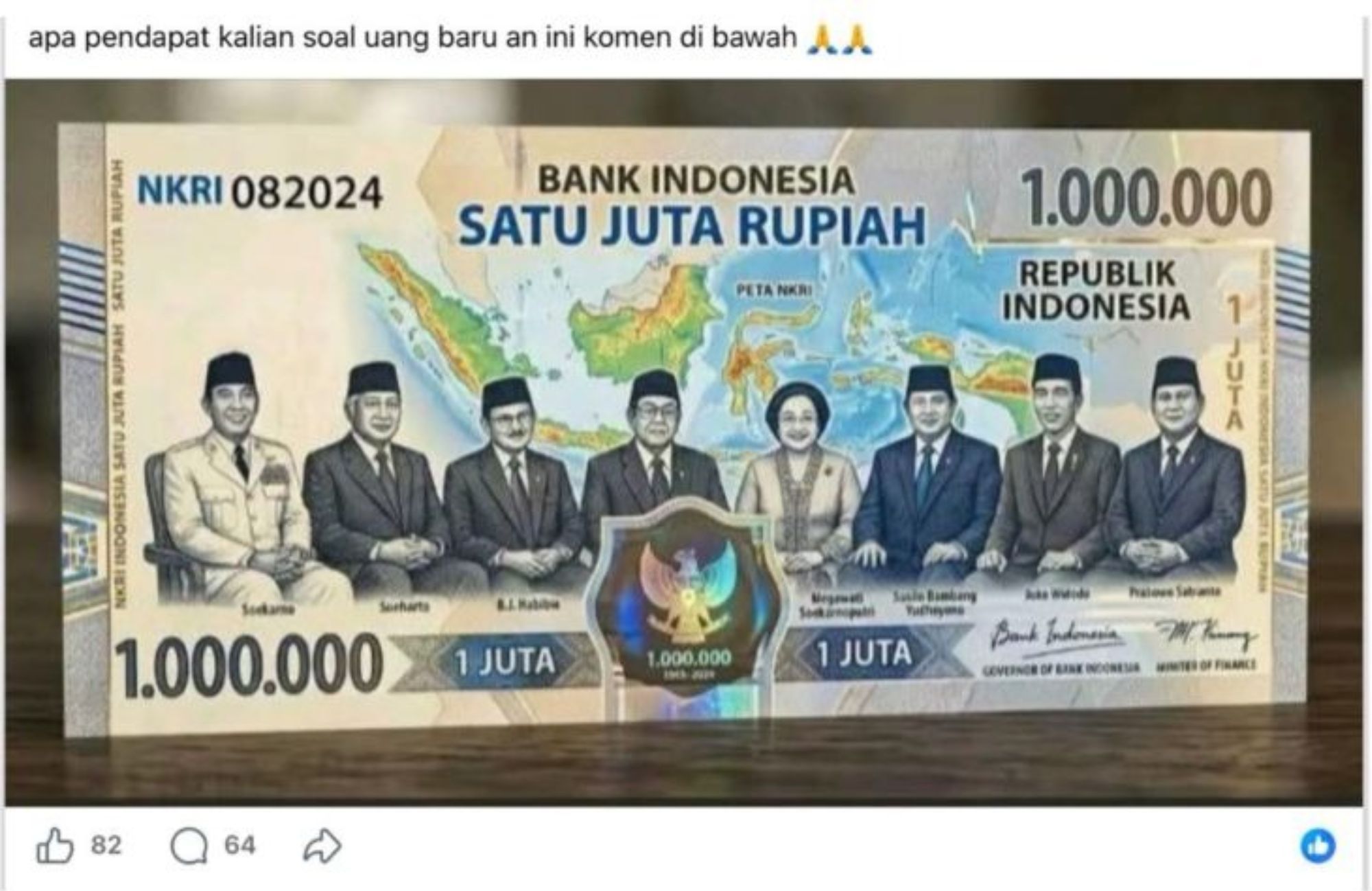 Unggahan yang menarasikan Bank Indonesia terbitkan uang baru pecahan Rp1 juta bergambar delapan Presiden RI. Faktanya, gambar dalam unggahan tersebut merupakan hasil AI.  <b>(Facebook)</b>
