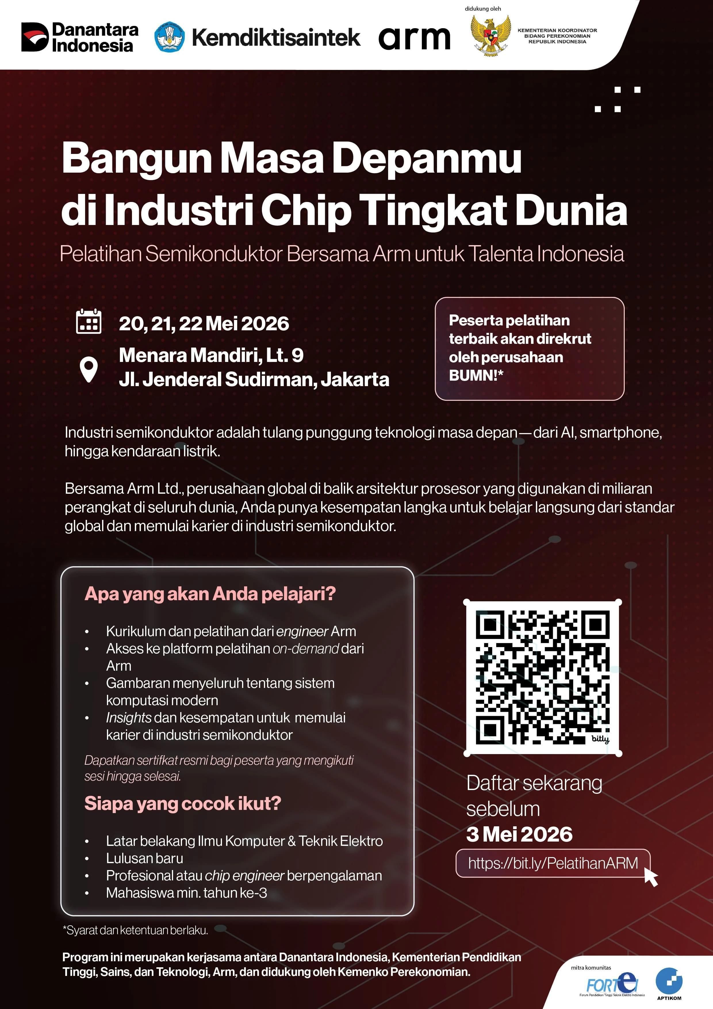 Pemerintah bersama Danantara dan Arm Limite membuka pelatihan semikonduktor bagi mahasiswa tingkat akhir, lulusan baru, dan profesional teknik untuk mempercepat penguasaan teknologi chip nasional. <b>(Bakom)</b>