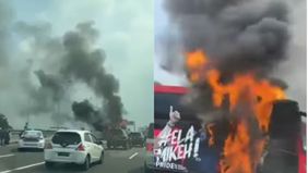 Terjadi kebakaran bus di tol Wiyoto Wiyono KM 2.500 arah Tanjung Priok, Jakarta Utara, Rabu 12 Juni 2024. Kebakaran bus tersebut sekitar pukul 11 siang.