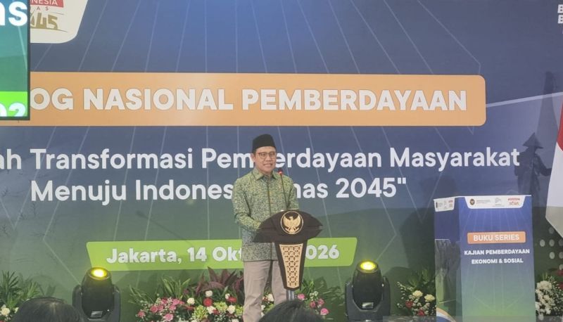 Menteri Koordinator Bidang Pemberdayaan Masyarakat Abdul Muhaimin Iskandar dalam acara dialog nasional pemberdayaan bertajuk "Langkah Transformasi Pemberdayaan Masyarakat Menuju Indonesia Emas 2045", di Jakarta, Rabu (14/10/2026).  <b>(ANTARA/Anita Permata Dewi)</b>