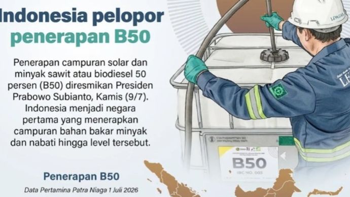 Penerapan campuran solar dan minyak sawit atau biodiesel 50 persen (B50) diresmikan Presiden Prabowo Subianto, Kamis, 9 Juli 2026. Indonesia menjadi negara pertama yang menerapkan campuran bahan bakar minyak dan nabati hingga level tersebut.