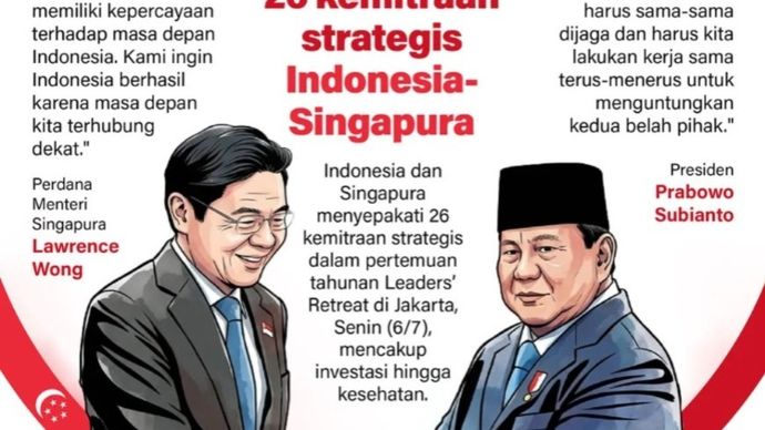 Indonesia dan Singapura menyepakati 26 kemitraan strategis dalam pertemuan tahunan Leader&rsquo;s Retreat di Jakarta, Senin, 6 Juli 2026, mencakup investasi hingga kesehatan.