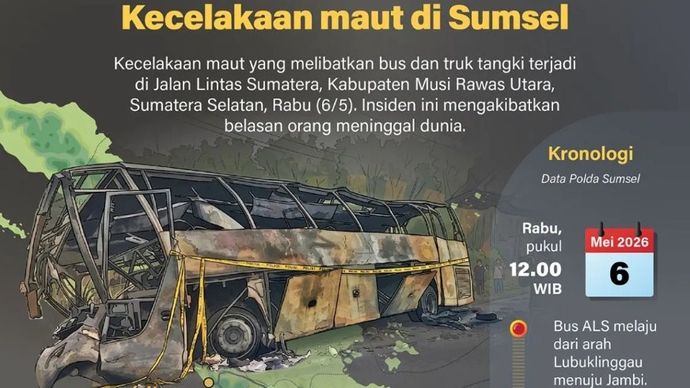 Kecelakaan maut yang melibatkan bus dan truk tangki terjadi di Jalan Lintas Sumatera, Kabupaten Musi Rawas Utara, Sumatera Selatan, Rabu (6/5). Insiden ini mengakibatkan belasan orang meninggal dunia.