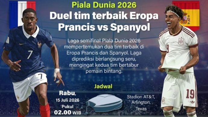 Laga semifinal Piala Dunia 2026 mempertemukan dua tim terbaik di Eropa Prancis dan Spanyol. Laga diprediksi berlangsung seru, mengingat kedua tim bertabur pemain bintang.