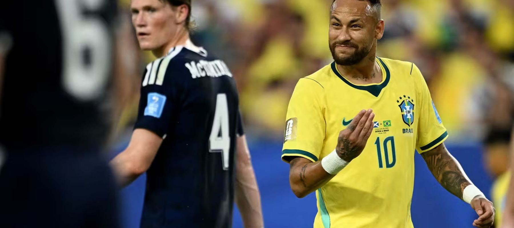 Pemain Brasil Neymar Bermain saat menghadapi Skotlandia di Piala Dunia 2026