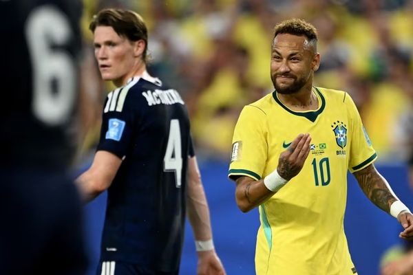 Pemain Brasil Neymar Bermain saat menghadapi Skotlandia di Piala Dunia 2026