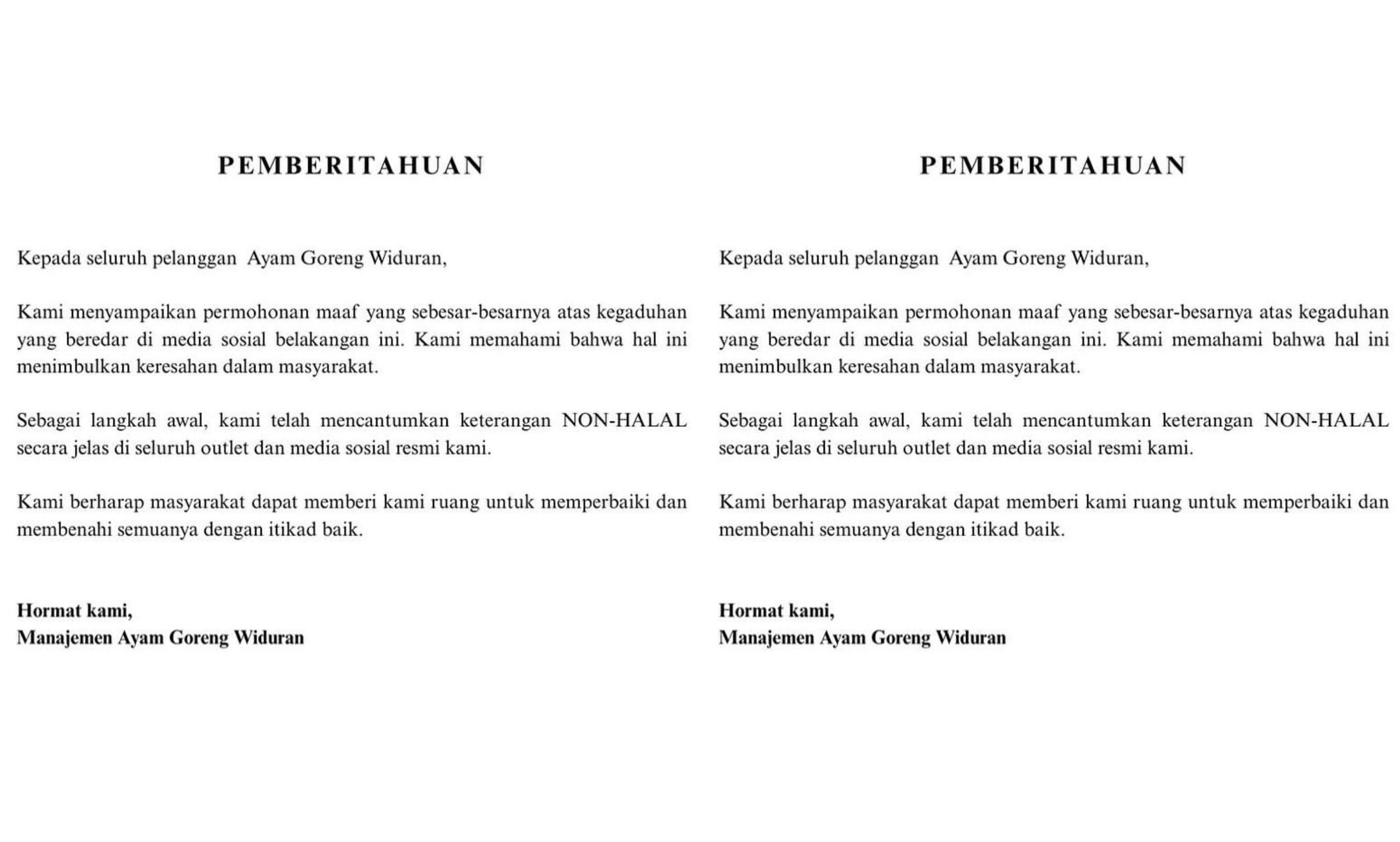 Klarifikasi Ayam Goreng Widuran <b>(IG: Ayam Goreng Widuran)</b>