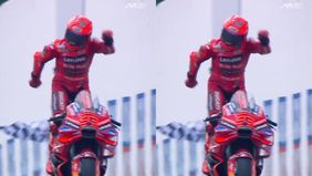 Pembalas Ducati Lenovo Team, Marc Marquez berhasil finis di posisi pertama MotoGp Jerman 2025 di Sirkuit Sachsenring, Hohenstein-Ernstthal, Minggu 13 Juli 2025.
