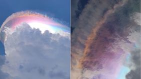 Warga Jonggol, Kabupaten Bogor, Jawa Barat, dihebohkan dengan kemunculan fenomena awan pelangi di langit pada Jumat 1 Mei 2026, sekitar pukul 14.00 WIB.
