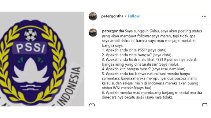 Peter Gontha Kena Rujak Netizen Usai Kritik Pemain Timnas Indonesia Banyak Naturalisasi <b>(IG: Peter Gontha )</b>